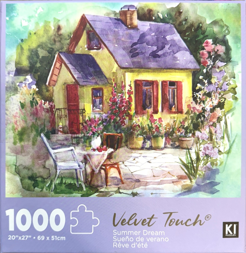 Watercolor painting of a quaint yellow cottage with a garden patio in summer.