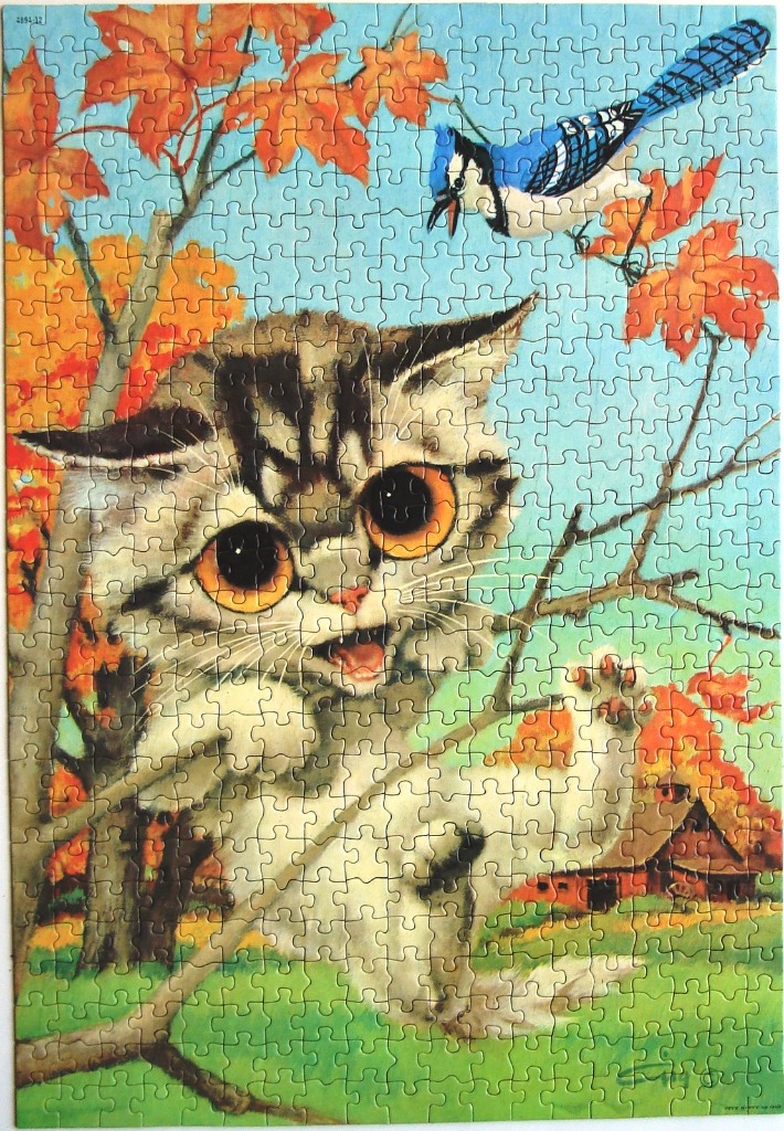 A whimsical illustration of a kitten with oversized eyes playfully interacting with a blue jay in an autumn landscape.