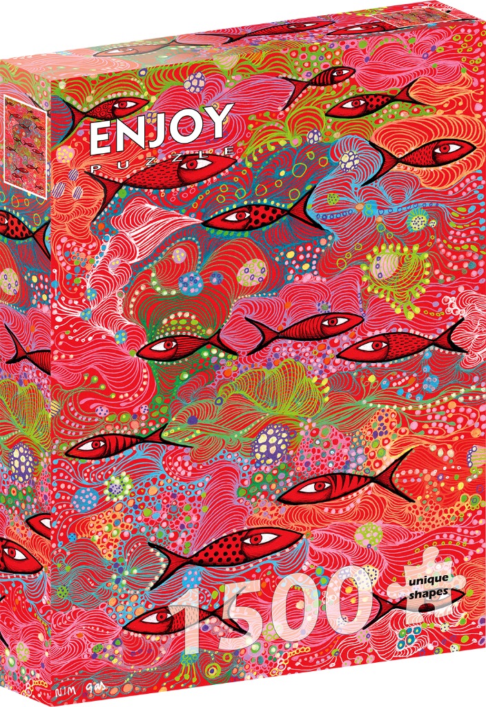 Stylized illustration of red fish swimming through a sea of vibrant, swirling patterns and dots.