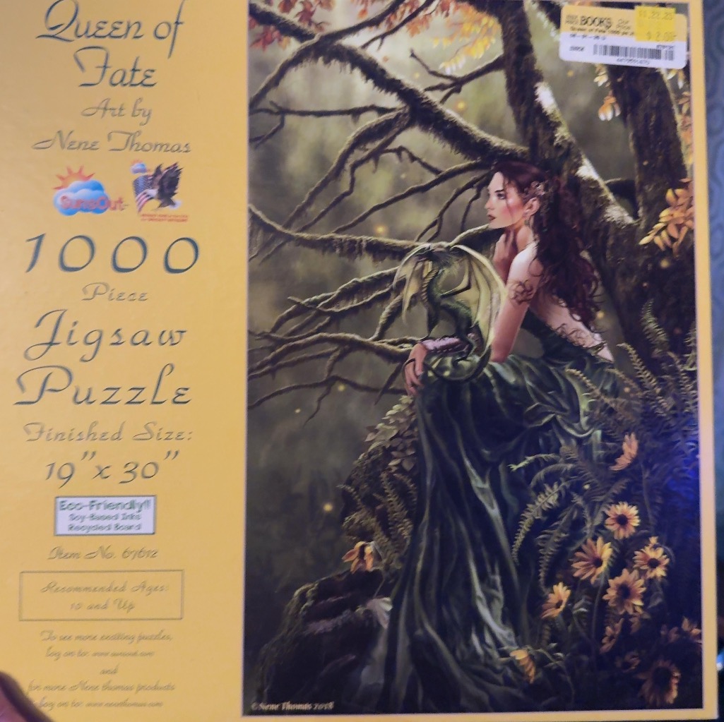 Fantasy illustration of a woman in a long green dress resting against a mossy tree with a small dragon.