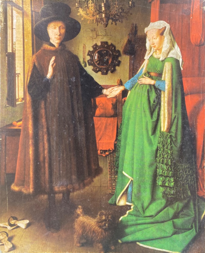 A reproduction of the Arnolfini Portrait showing a man and woman in a medieval interior with a dog.