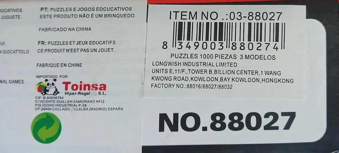 A label featuring a barcode, manufacturer information, and item number 88027 on a white background.