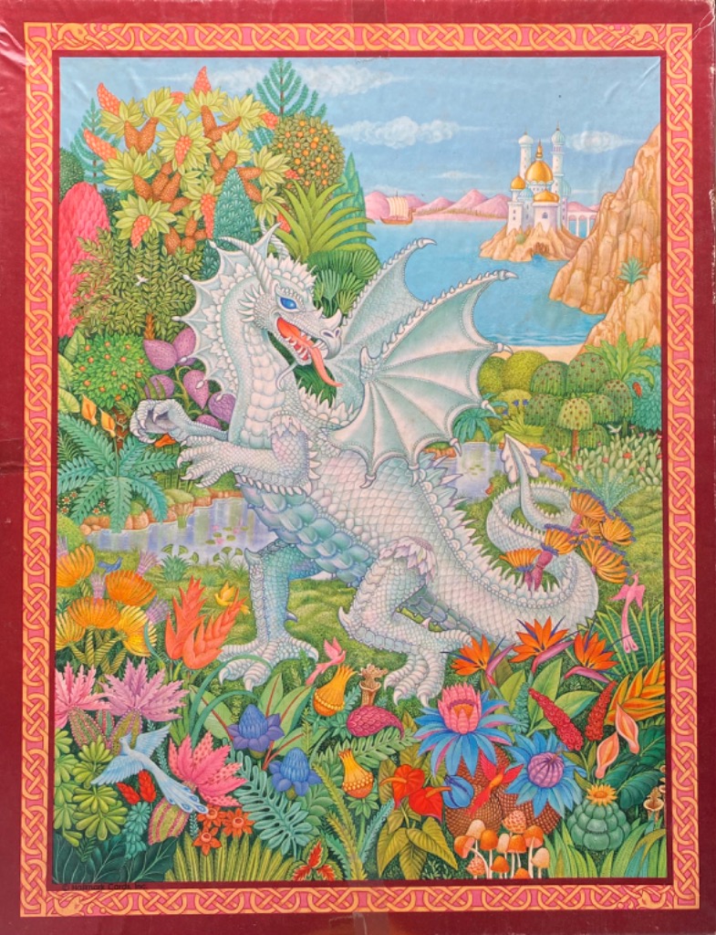 A white dragon standing in a lush, colorful tropical garden with a distant castle and blue sea.