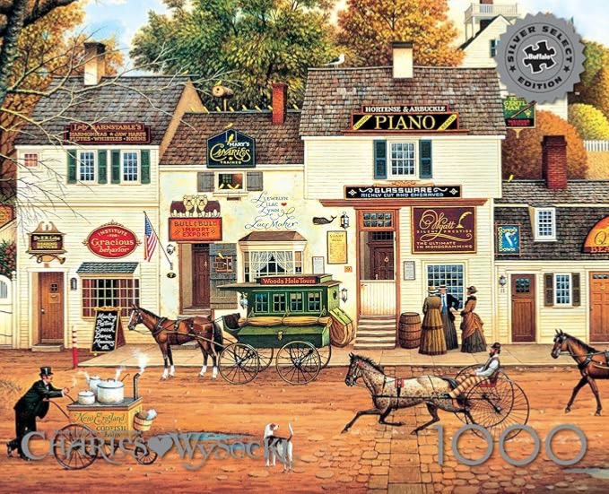 A nostalgic painting of a 19th-century street with colonial buildings, a horse-drawn carriage, and period-dressed pedestrians