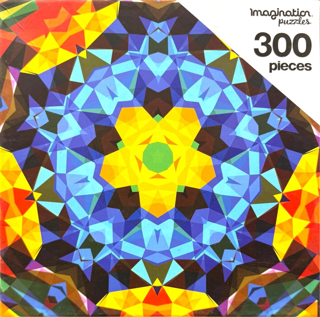 A vibrant, symmetrical kaleidoscope-style geometric pattern featuring blue, yellow, red, and green triangular shapes.