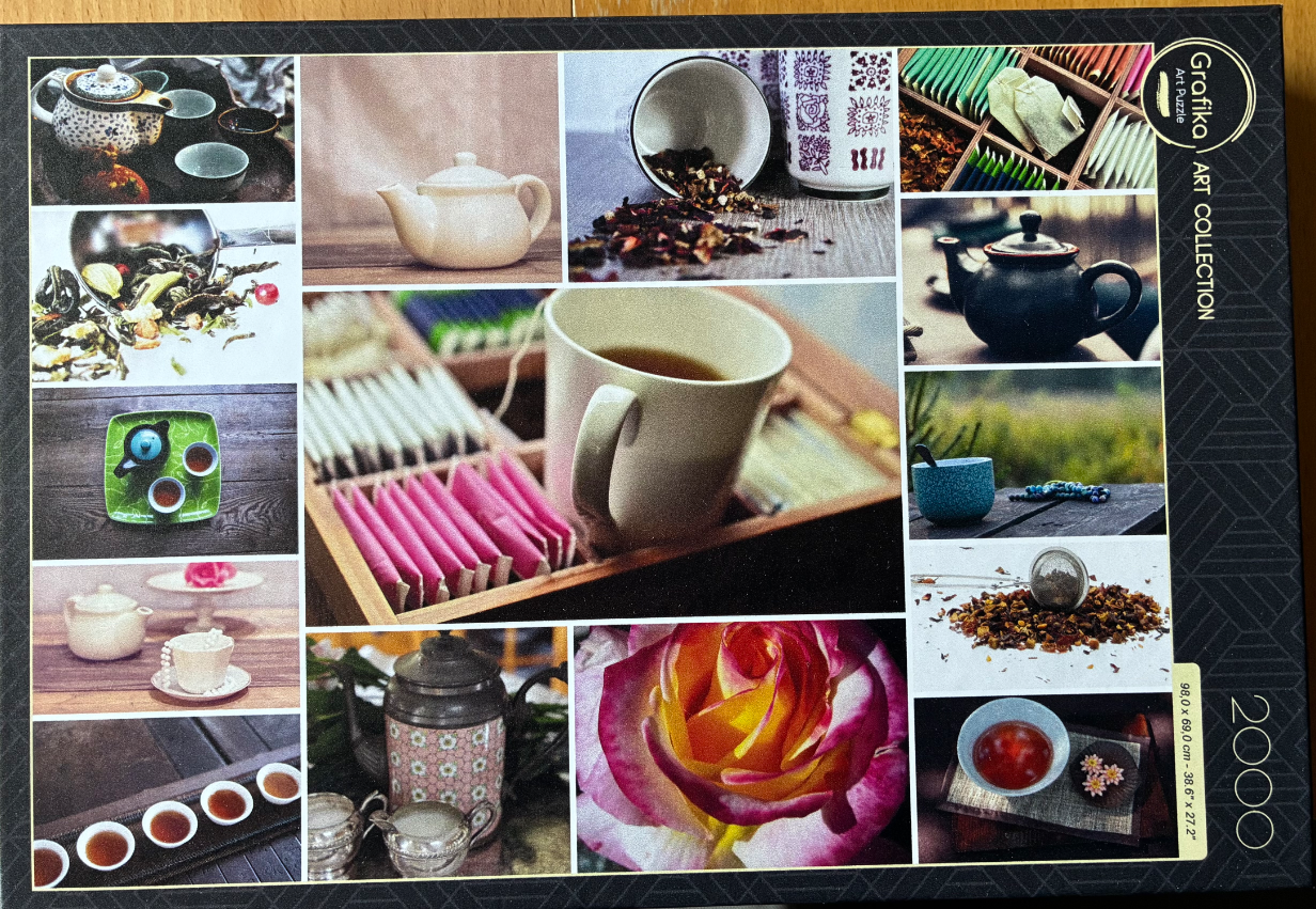 A collage of tea-themed photography including teapots, cups, loose tea, and a rose.
