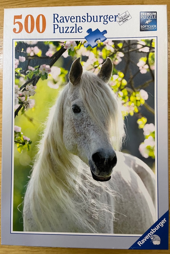 A close-up photograph of a white horse with a long mane standing in front of blossoming spring trees.