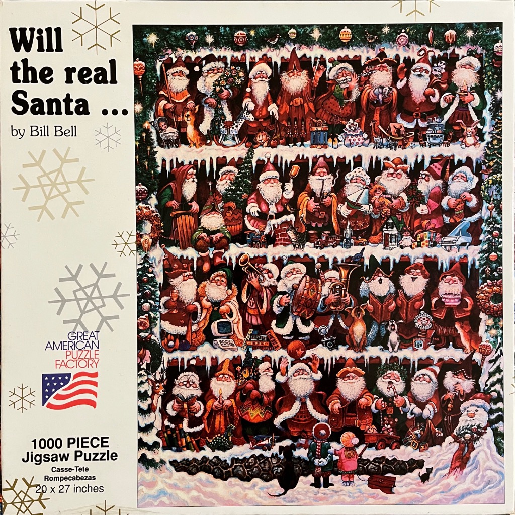 A whimsical illustration of many Santas in different outfits and activities arranged on shelves.