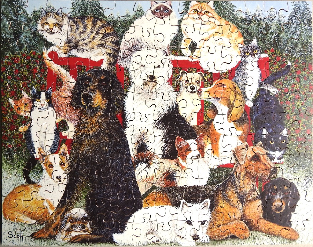 An illustration of various dogs and cats gathered together in a garden setting.