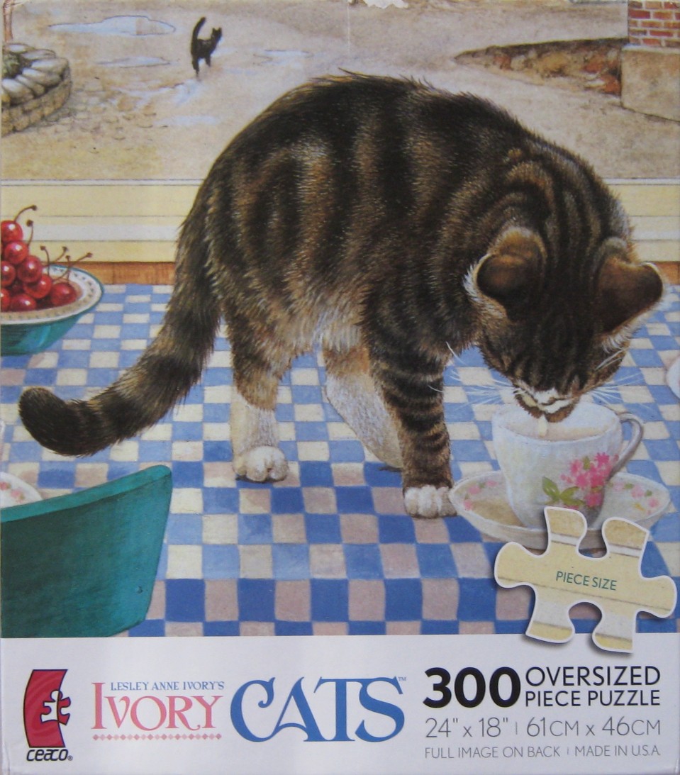 A detailed painting of a tabby cat drinking from a tea cup on a blue and white checkered tablecloth.