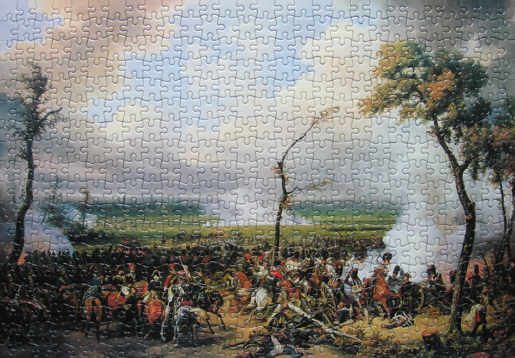 A dramatic oil painting of a Napoleonic-era battle scene featuring soldiers on horseback and artillery fire.