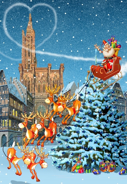 Santa Claus and his reindeer flying over a snowy European city square with a large, decorated Christmas tree.