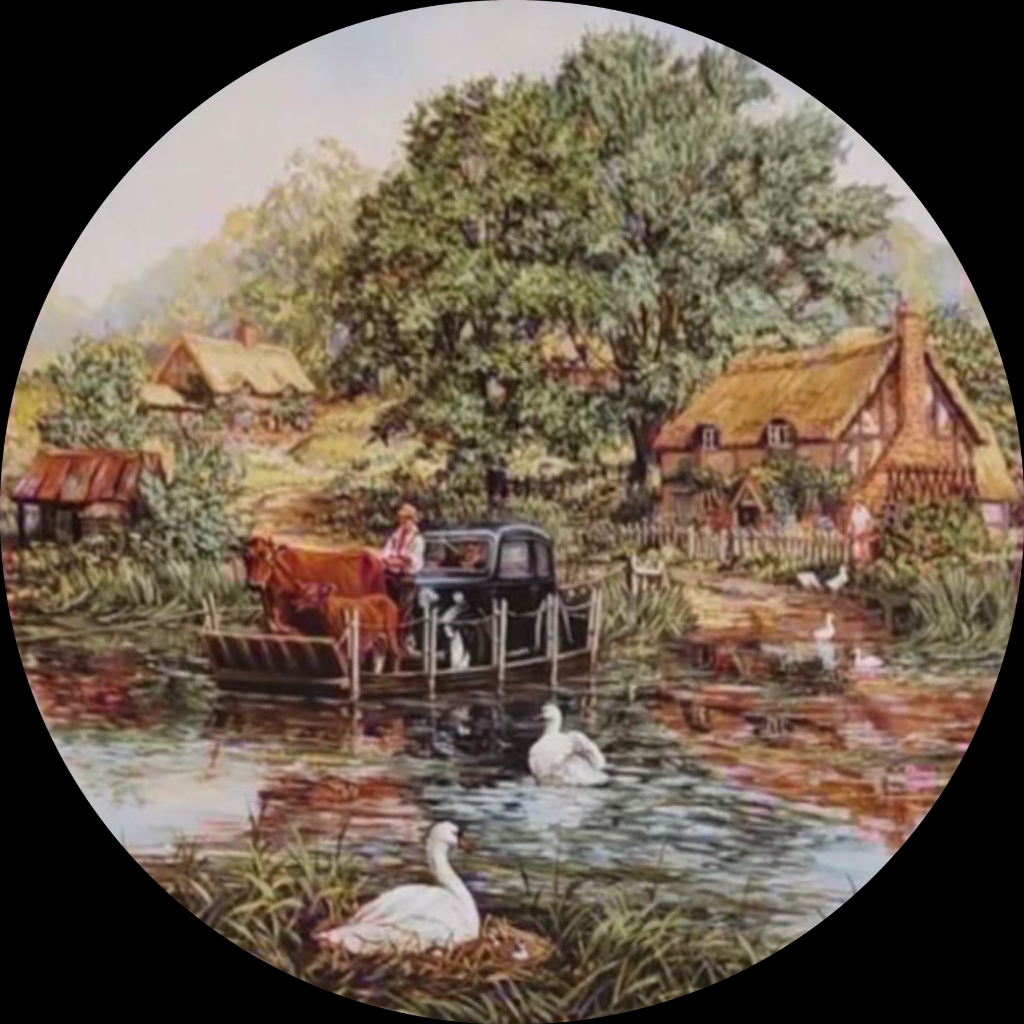 A car and cows on a ferry crossing a river near a rural cottage, viewed within a circular frame.