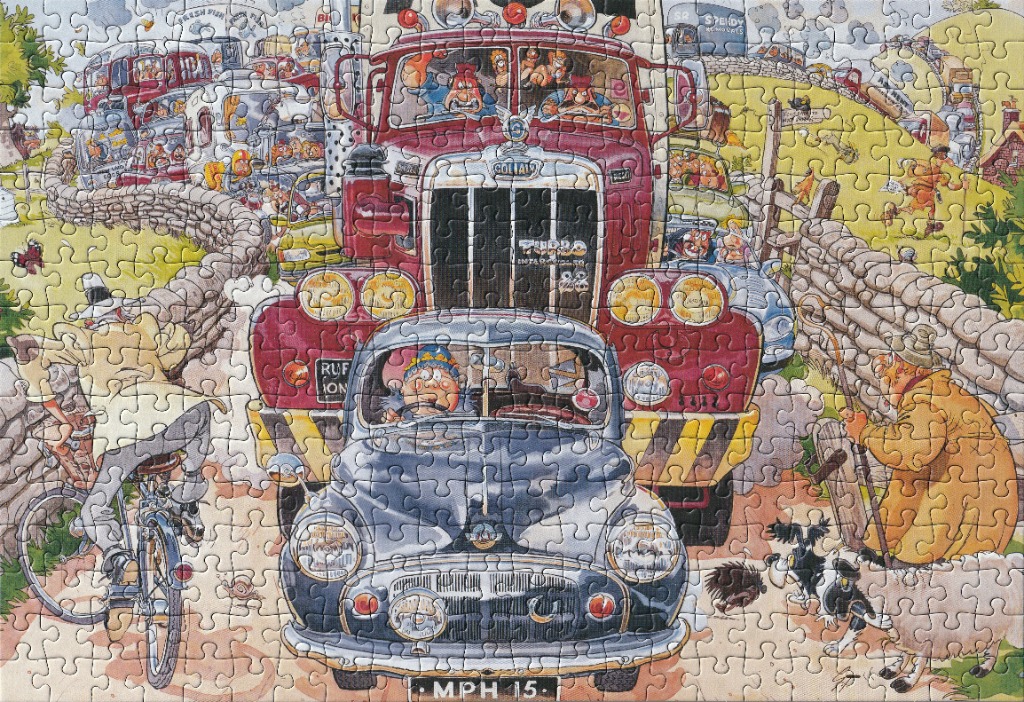 Cartoon traffic jam with a red fire truck, vintage car, and sheep.