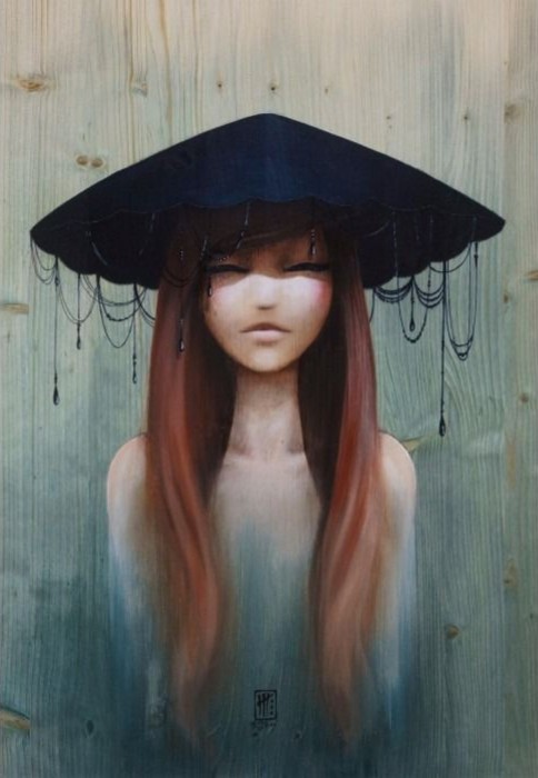 A digital illustration of a woman with long red hair wearing a dark, decorative conical hat against a wood grain background.