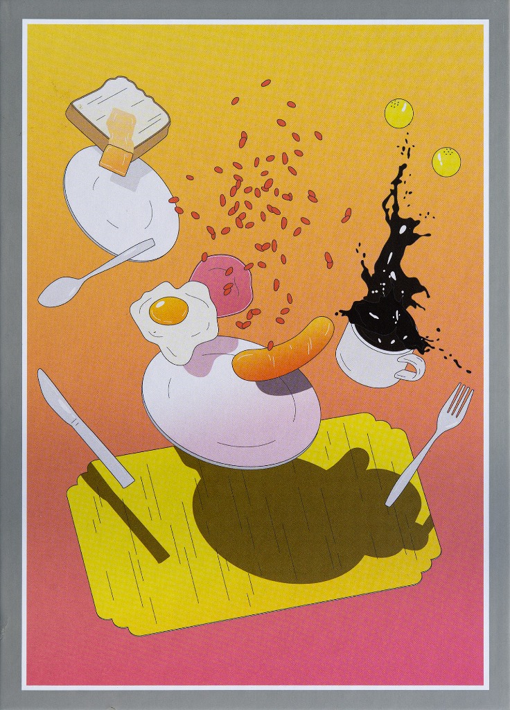 A whimsical illustration of a breakfast scene with floating food items against a yellow and pink gradient background.