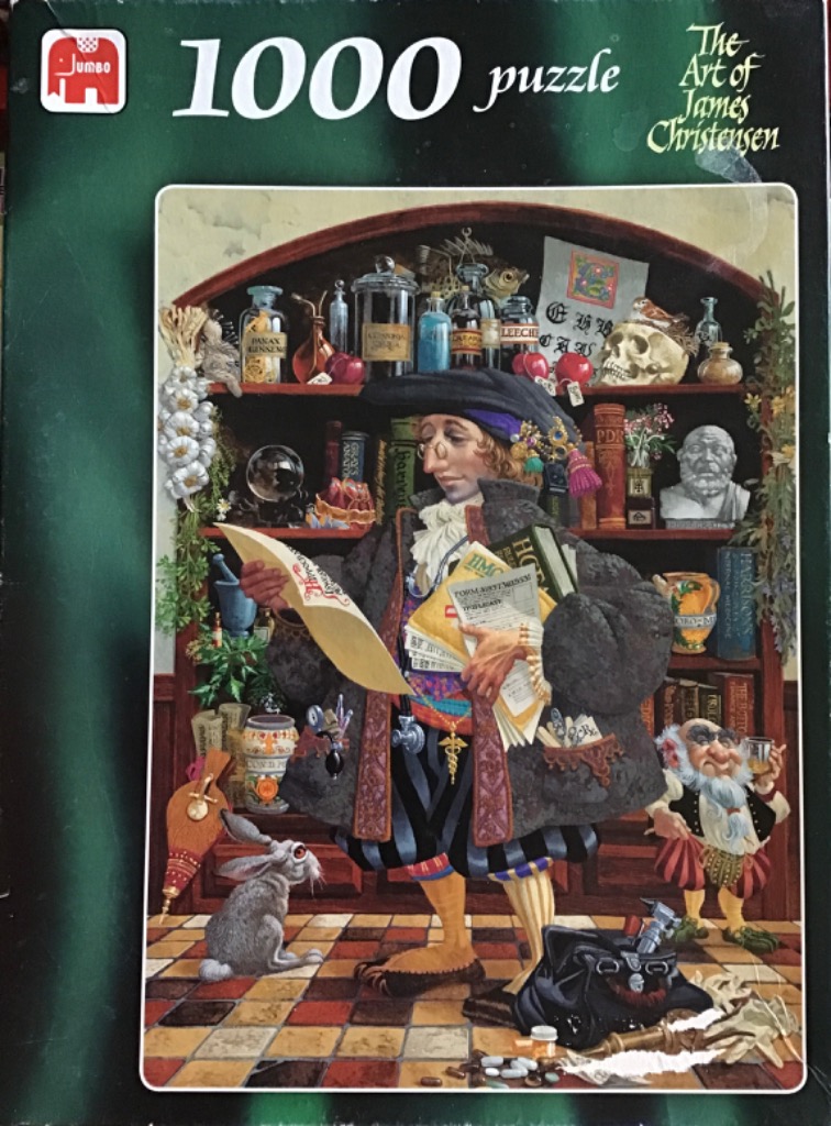 A whimsical illustration of a fantastical doctor in a cluttered study with shelves of curiosities and a small gnome.