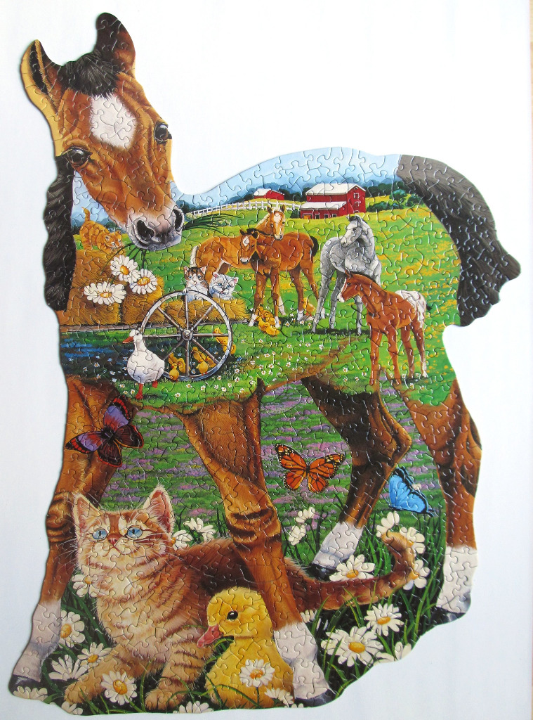 Shaped image of a foal filled with scenes of a farm, including kittens, horses, and ducks among flowers.