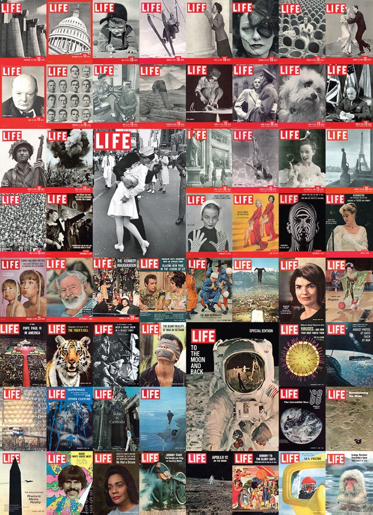 A collage of magazine covers featuring historical photographs and iconic imagery from the mid-20th century.