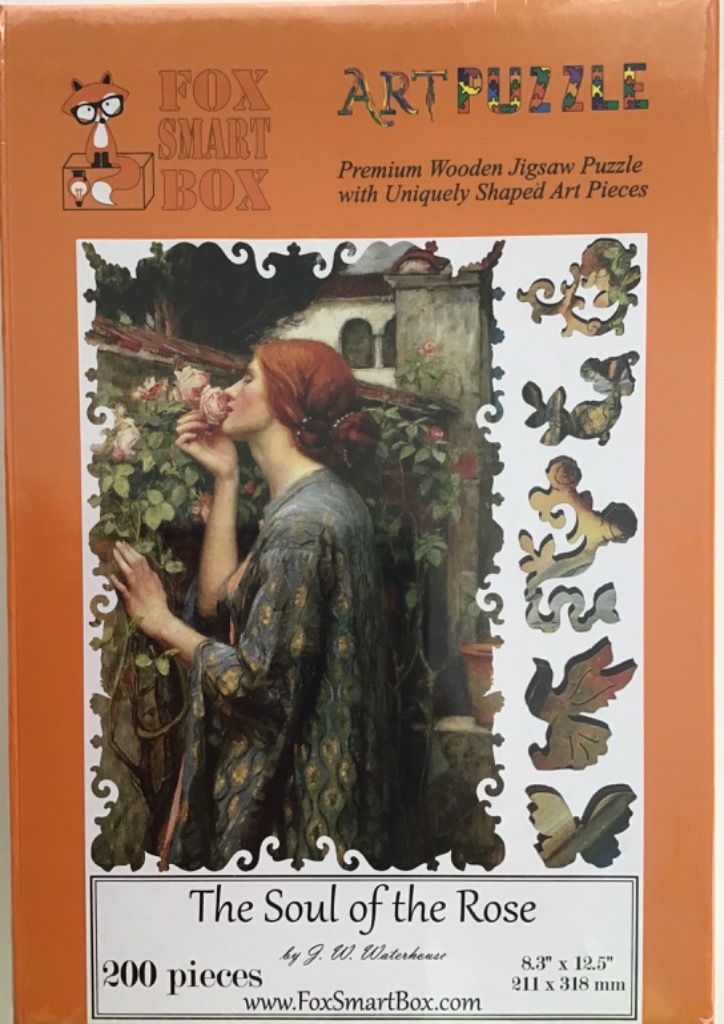 A reproduction of John William Waterhouse's painting The Soul of the Rose showing a woman smelling pink roses.
