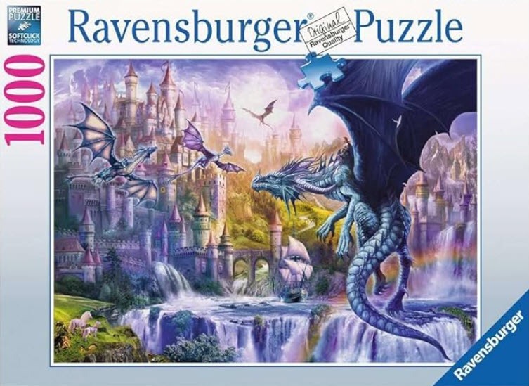 A fantasy illustration of a large blue dragon soaring over a waterfall, castle, and mythical landscape.