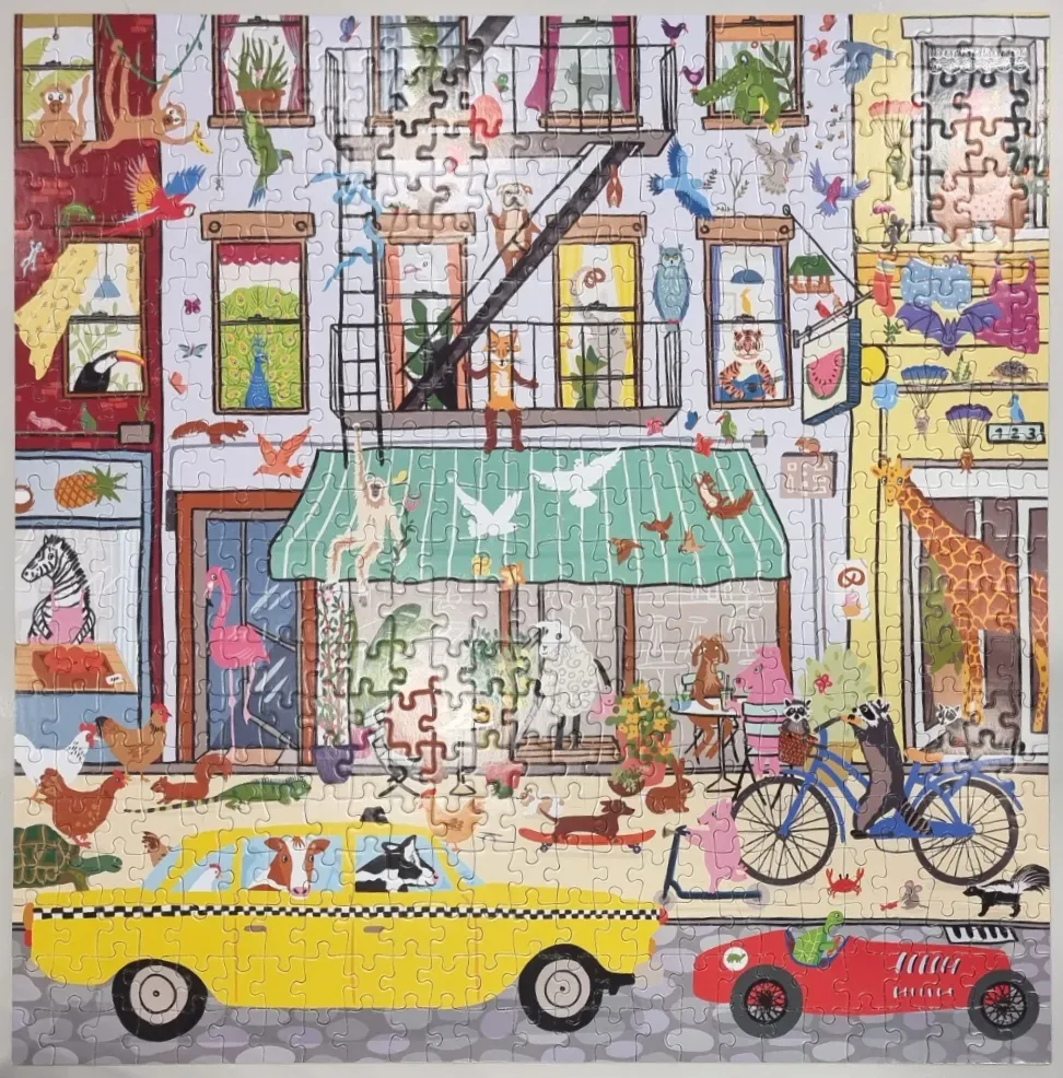 A whimsical city street scene filled with various animals in windows, on fire escapes, and driving vehicles.