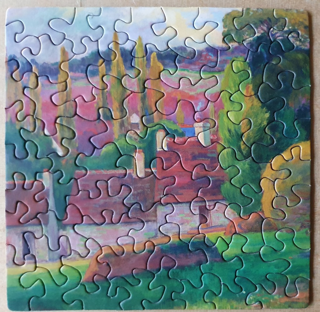 A lush, impressionist landscape painting featuring a village with terracotta roofs set against a backdrop of tall poplars.
