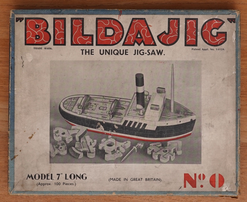A vintage graphic showing a black and white steamship with separate puzzle pieces in the foreground.