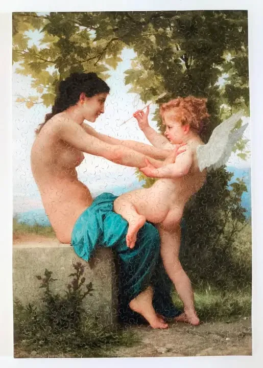 Classical oil painting of a woman reaching toward a winged cherub in a forest setting.