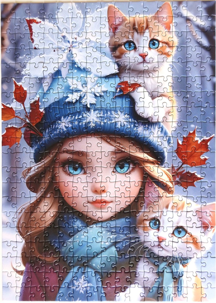 An illustration of a young girl with large blue eyes wearing a winter hat, accompanied by two orange and white kittens.