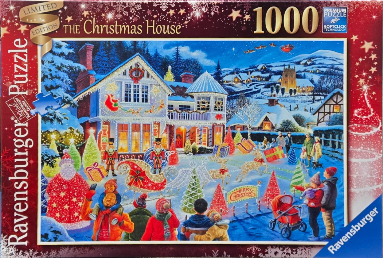 An illustrated, snowy Christmas scene featuring a house decorated with festive lights, nutcrackers, and a sleigh.