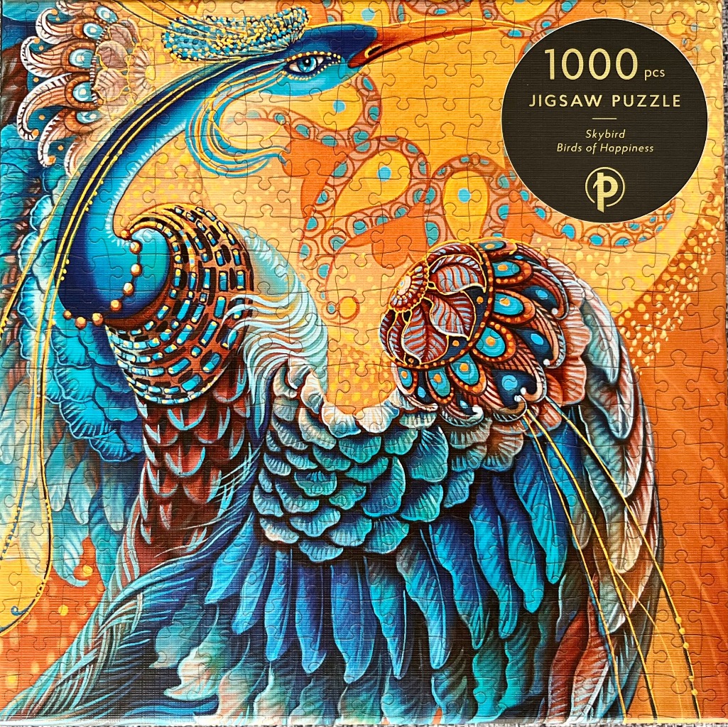 Stylized illustration of a vibrant blue bird against a golden, paisley-patterned background.