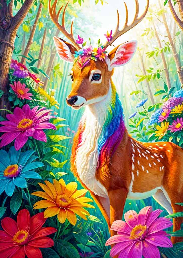 A whimsical deer with a rainbow-colored mane standing in a sunlit forest filled with vibrant, oversized flowers.