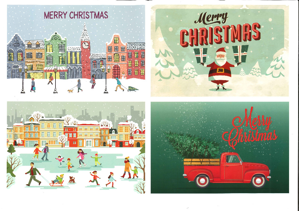 Four festive Christmas-themed scenes in a grid layout.