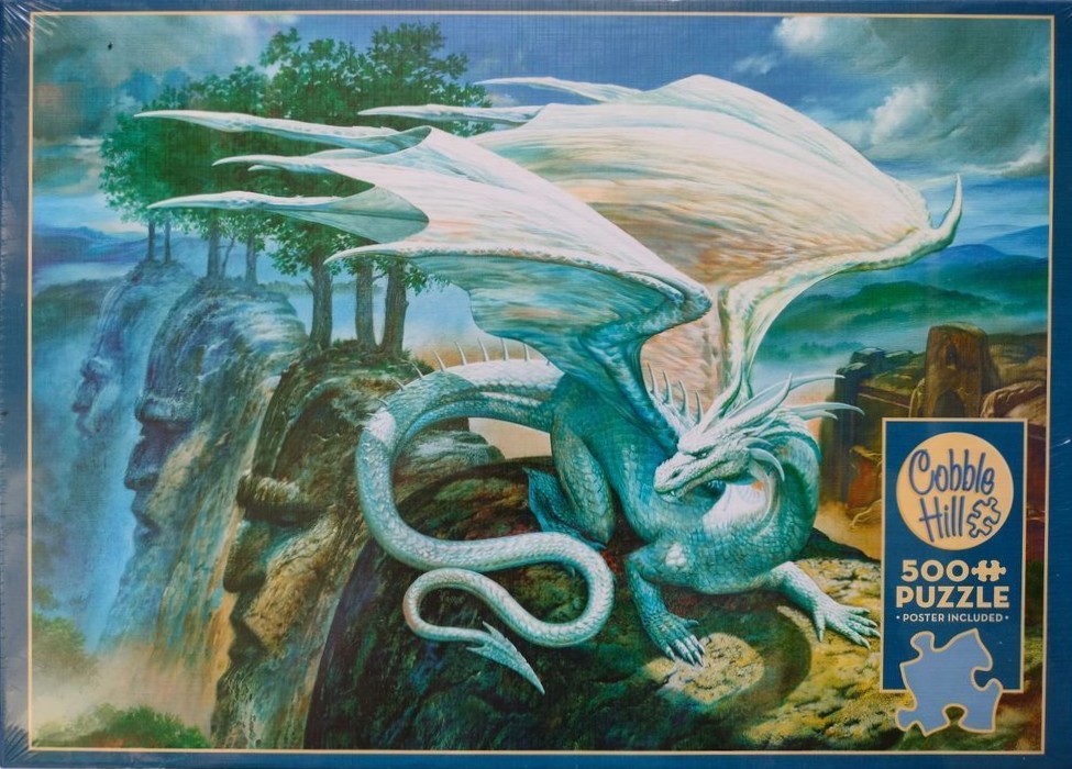 A fantasy illustration of a white dragon perched on a cliffside featuring rock formations shaped like human faces.