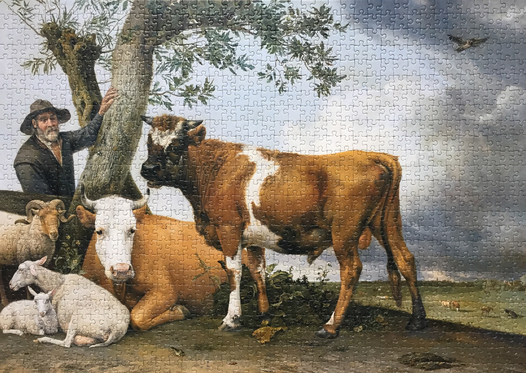 An oil painting of a farmer leaning against a tree with cows and sheep resting in a pastoral landscape.