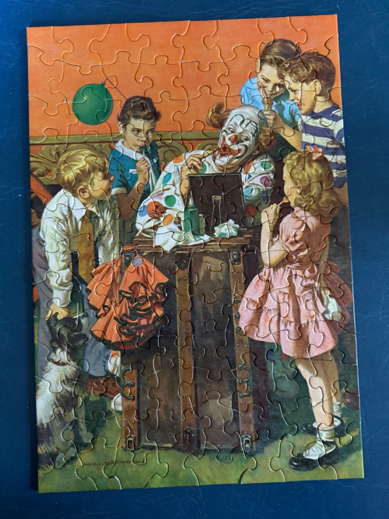 A vintage illustration of a clown applying makeup in a mirror, surrounded by curious children and a dog.