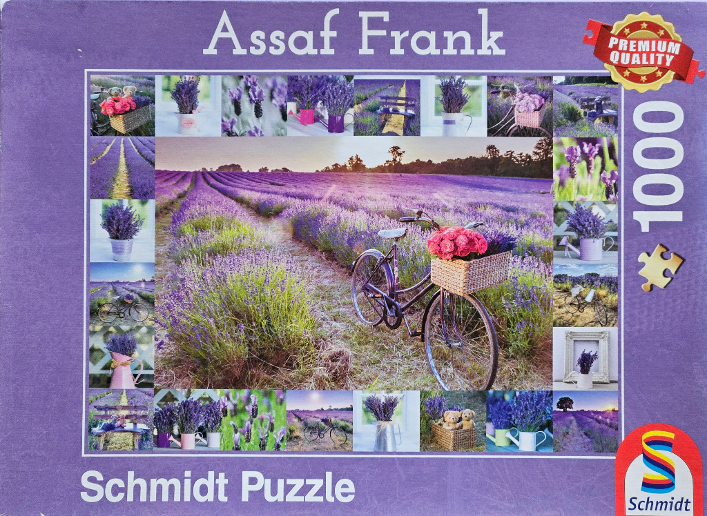 A collage of lavender field photography featuring a bicycle with a basket of flowers in the center.