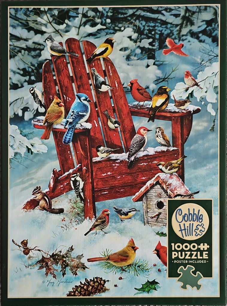 A red Adirondack chair in a snowy forest surrounded by many different species of colorful birds and a chipmunk.