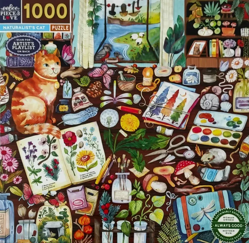 An illustration of an orange cat sitting on a desk covered with botanical sketches, art supplies, and nature specimens.