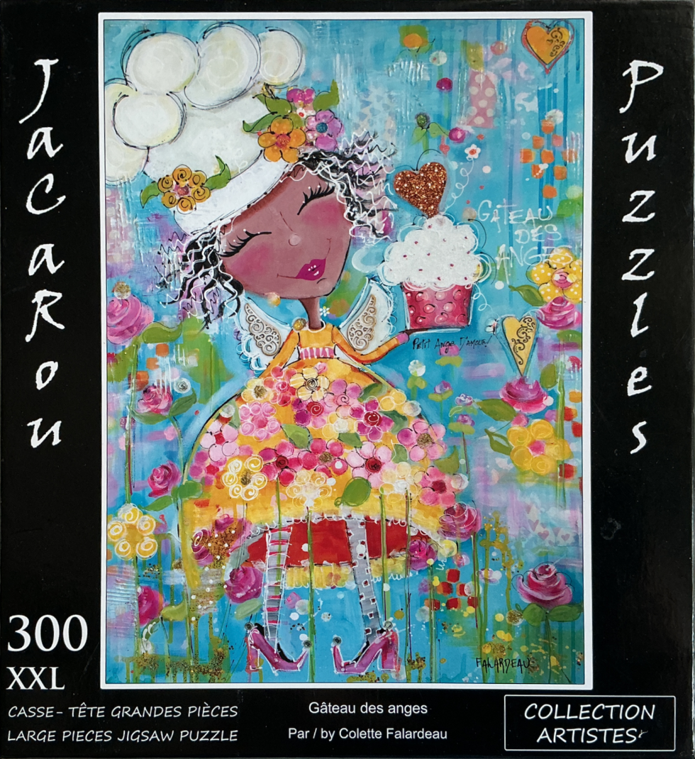 Whimsical painting of a fairy chef with dark skin wearing a floral dress, a tall chef hat, and holding a cupcake.