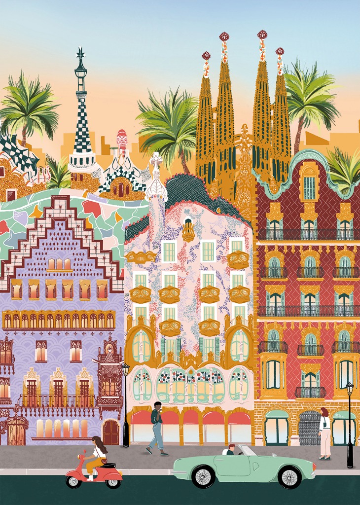 Colorful illustration of Barcelona streetscape with historic architecture and people.