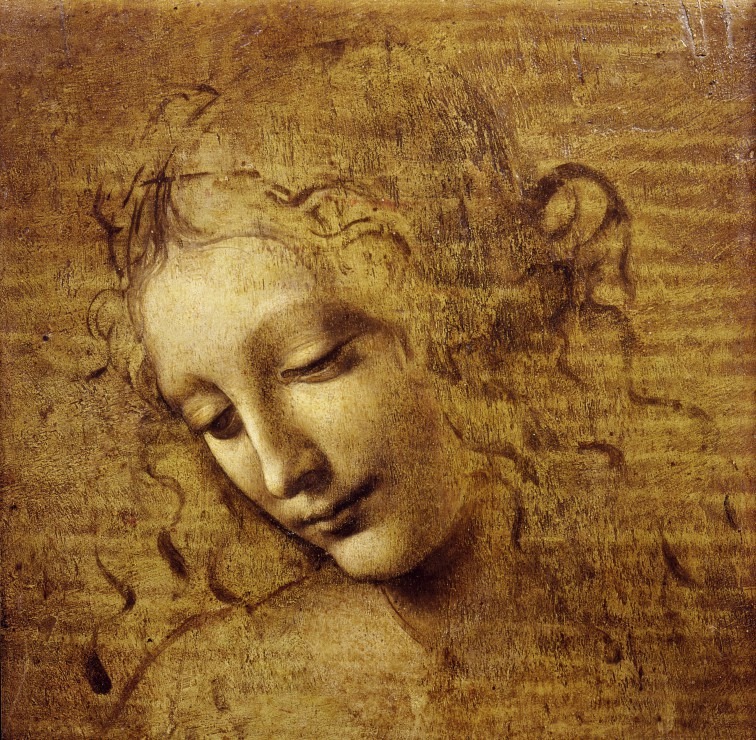A monochromatic brown-toned close-up drawing of a serene woman's head tilted downwards.