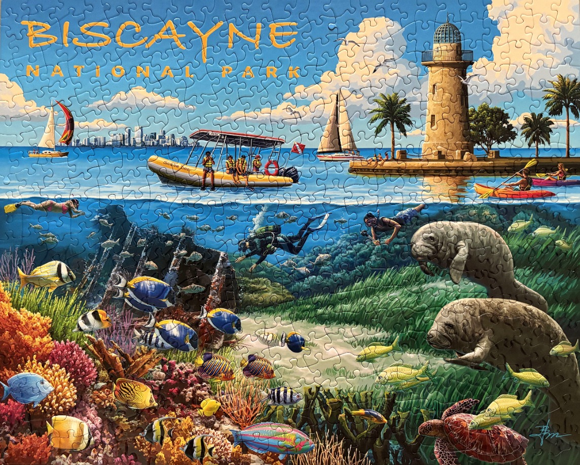 Illustration of Biscayne National Park featuring a coastal scene above water and a vibrant coral reef below.