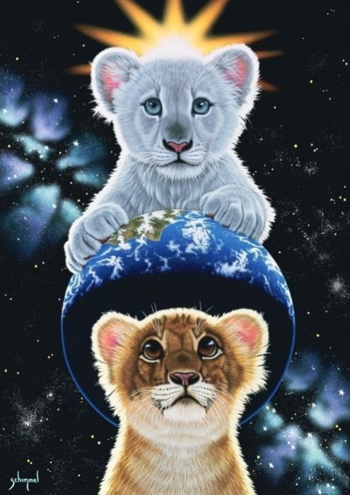 Two lion cubs, one white and one golden, looking over planet Earth in outer space.