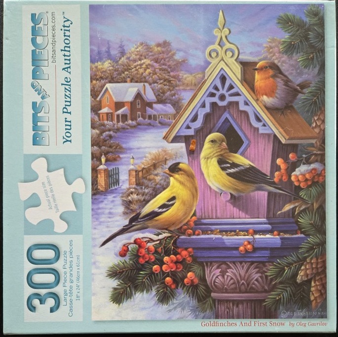 Illustration of three birds near a wooden birdhouse in a snowy winter garden.