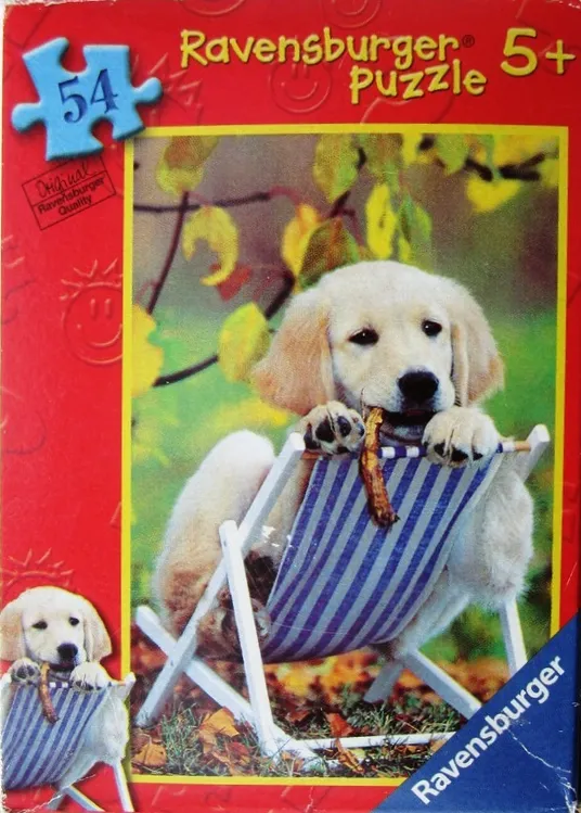 A golden retriever puppy sitting in a small blue and white striped deck chair outdoors.