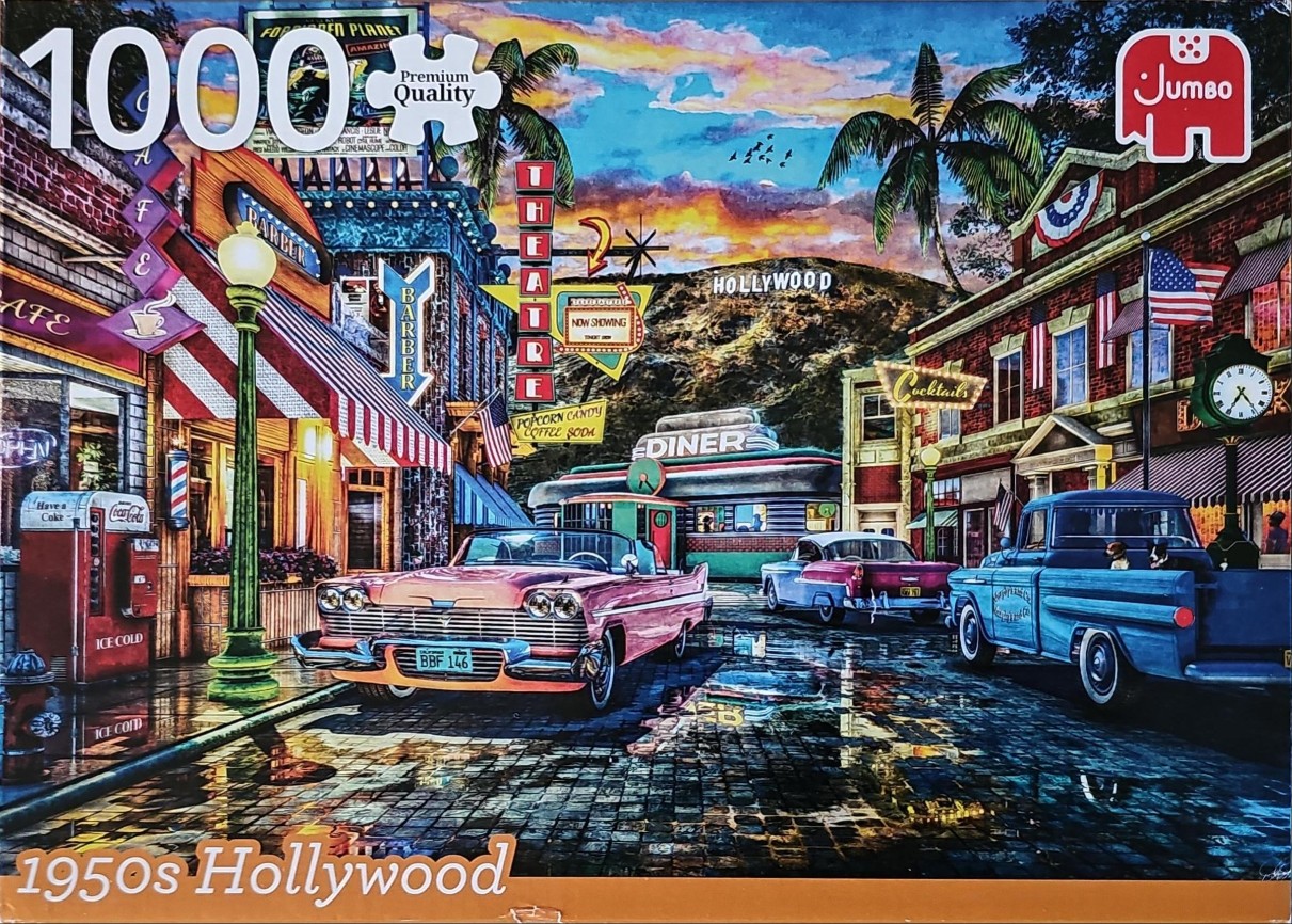 A nostalgic 1950s Hollywood street scene at sunset featuring classic American cars, a diner, and a theater.