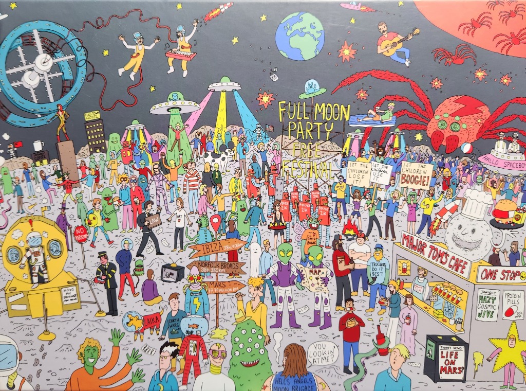 Whimsical, colorful cartoon illustration of a chaotic festival scene on the surface of the moon.