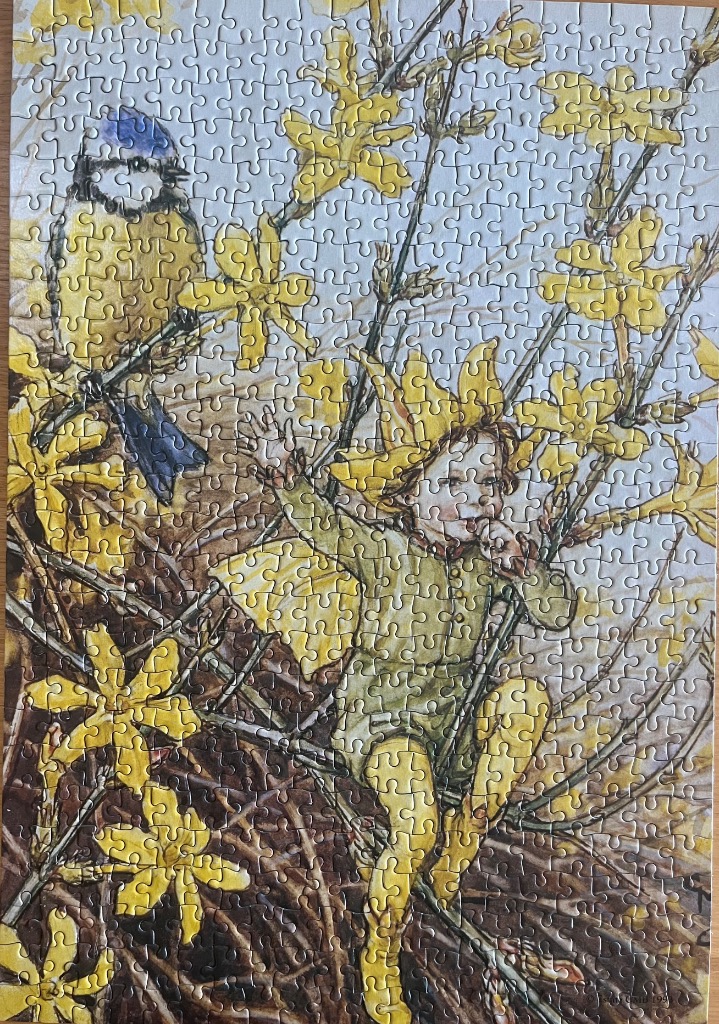 A whimsical illustration of a small fairy perched in forsythia branches next to a blue tit bird.